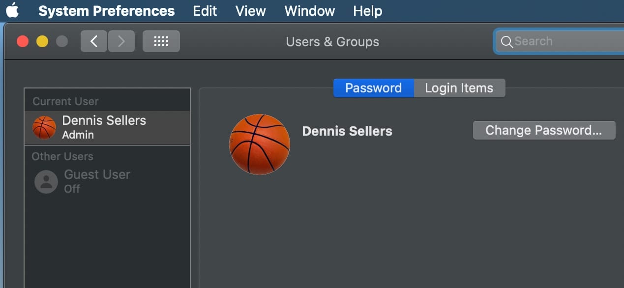 Screenshoot of macOS System Preferences > users & Groups > Password
