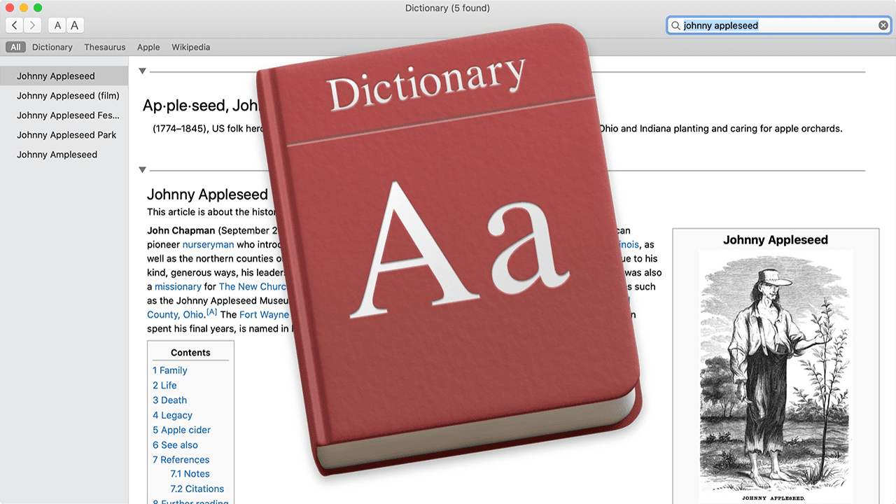 Mac dictionary entry for johnny appleseed with dictionary app logo