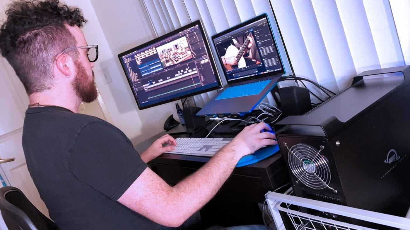 Man editing video using an OWC ThunderBay Flex 8