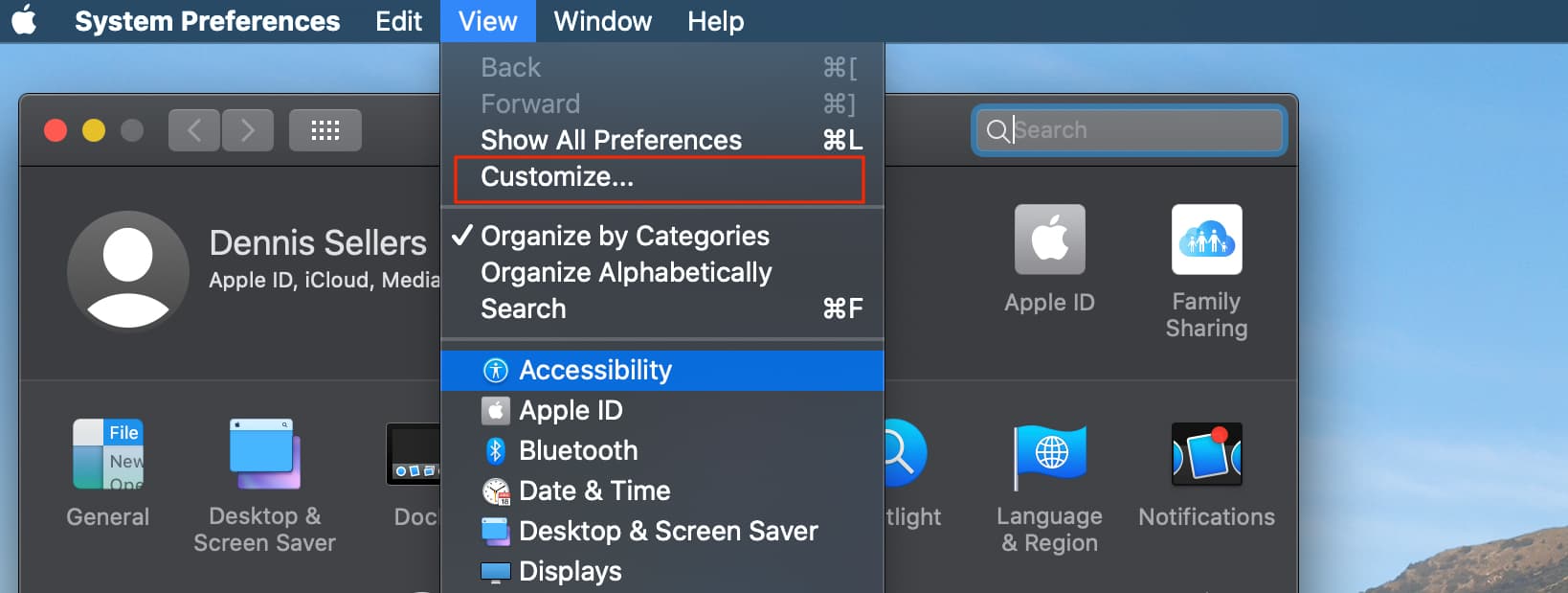 Screenshot of System preferences View menu