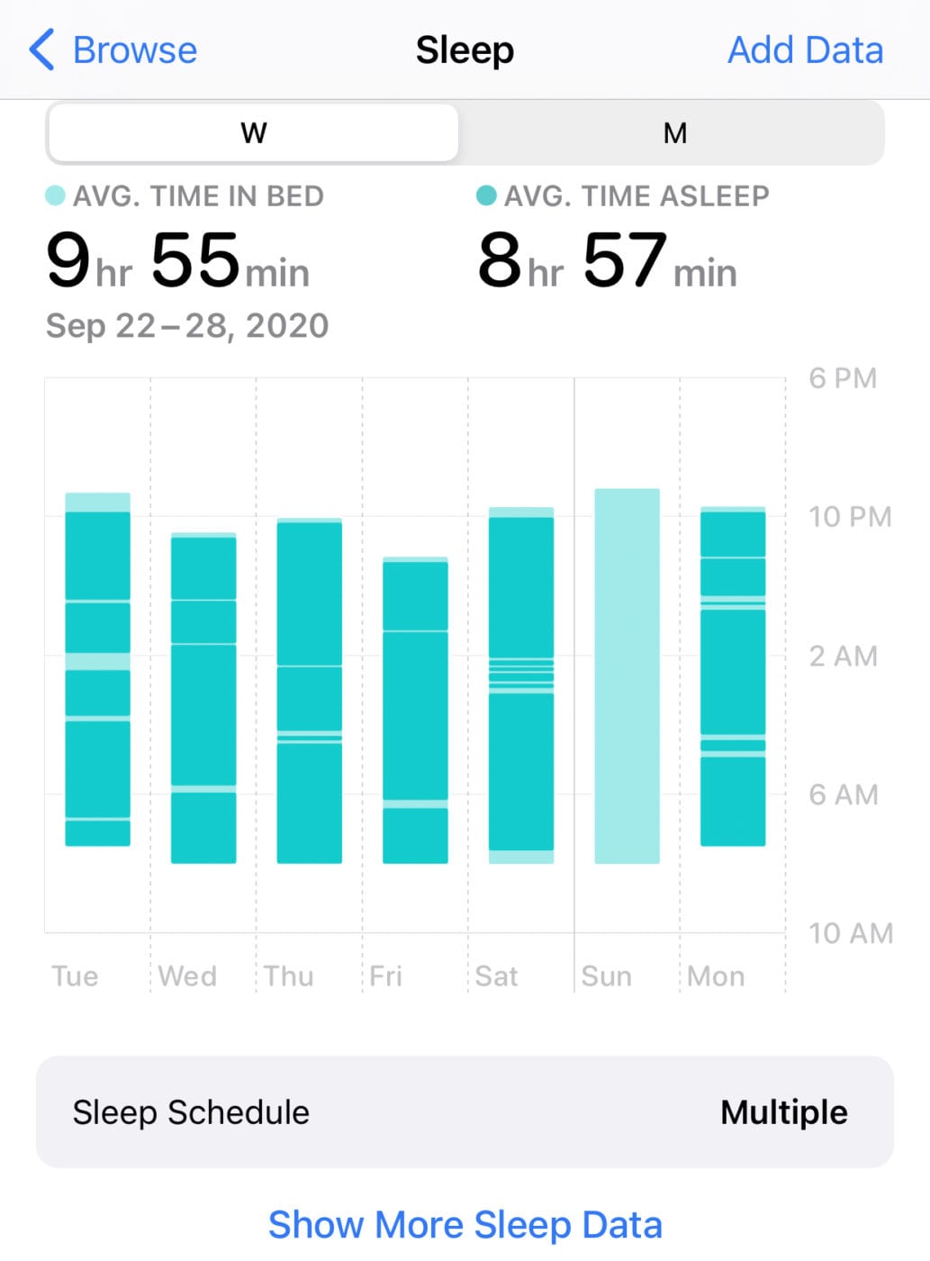 Viewing recent sleep history in the Sleep section of the iPhone Health app