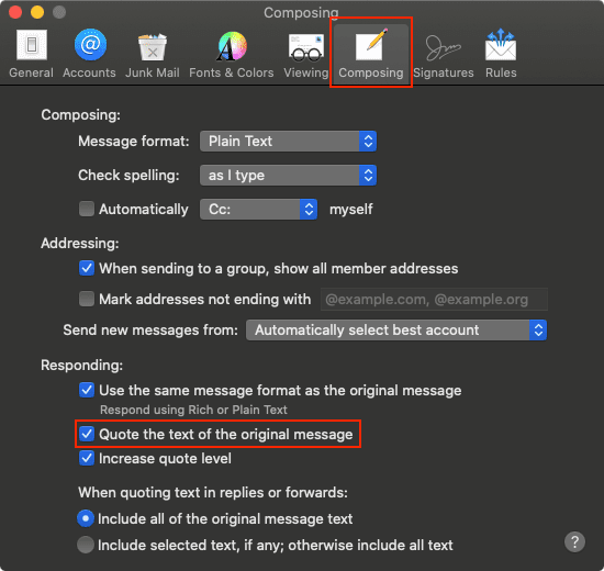 Select or deselect "Quote the text of the original message"