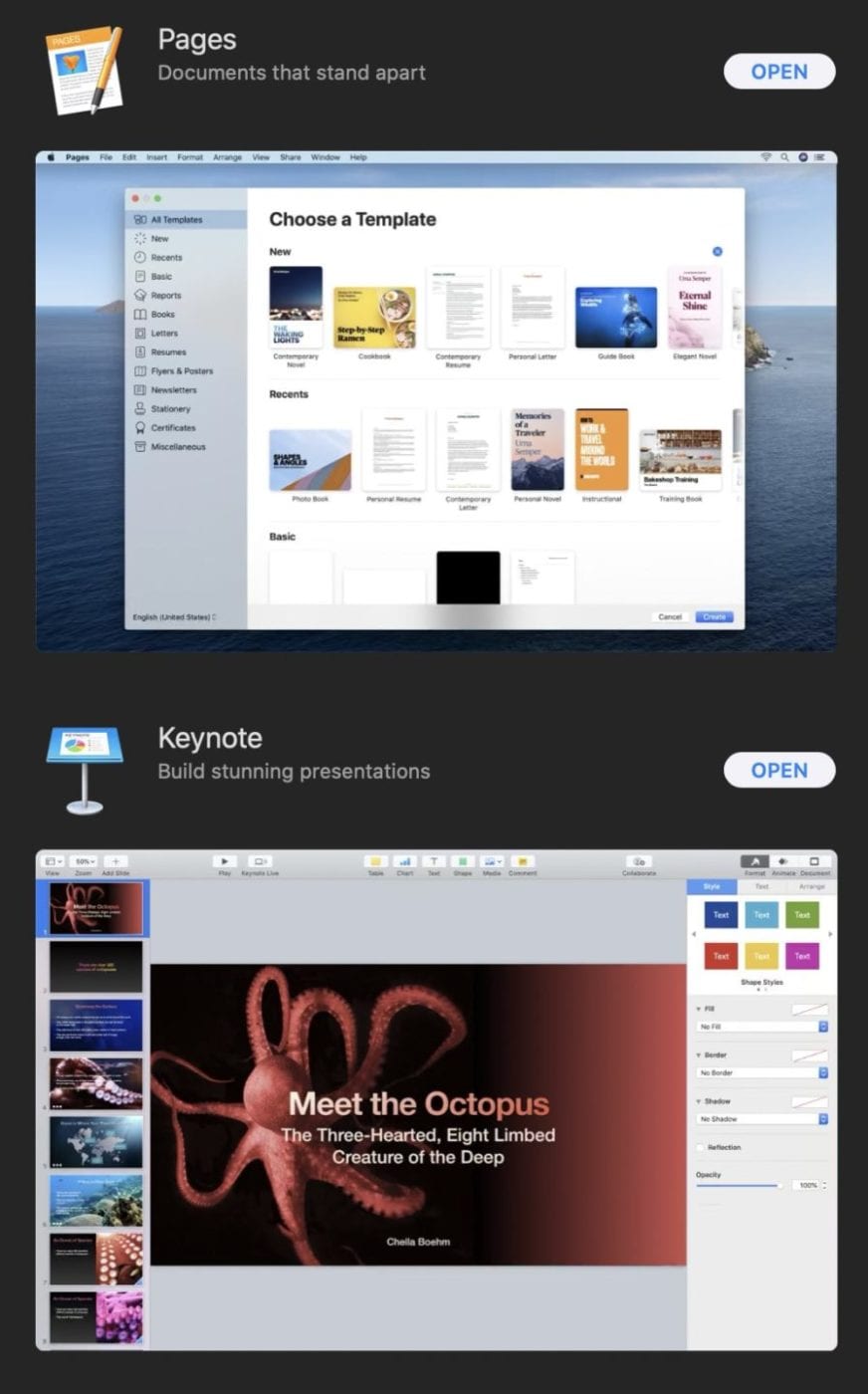 Pages, Numbers, and Keynote are available from the Mac App Store