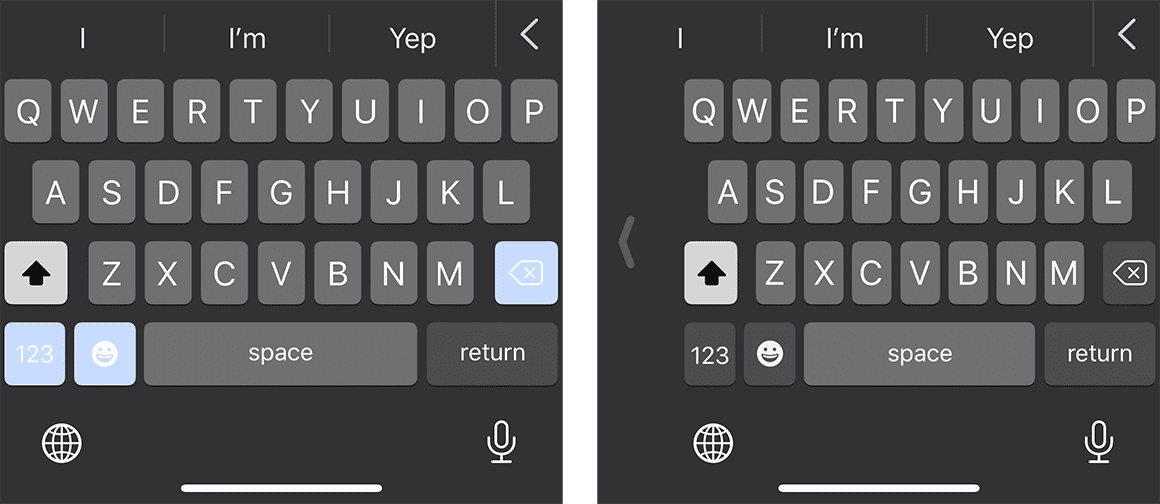 roughly On my iPhone 11 Pro, The right-handed keyboard (right) is 5/16" narrower than its full-sized companion (left).