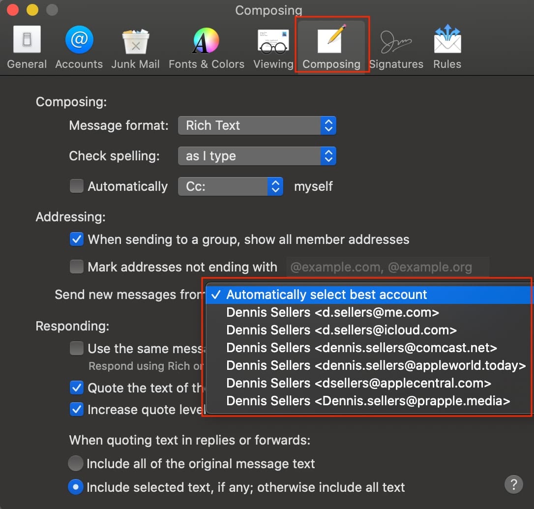Mac Mail Composing Preference with "Send new messages from" selected.