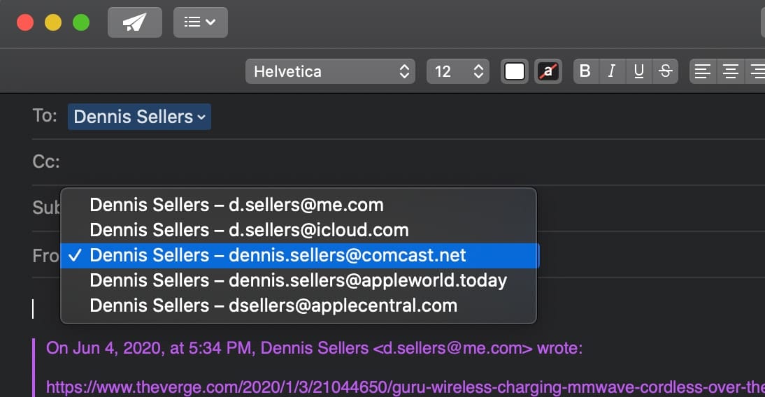 Reply email in macOS Mail with "From:" selected showing list of email addresses