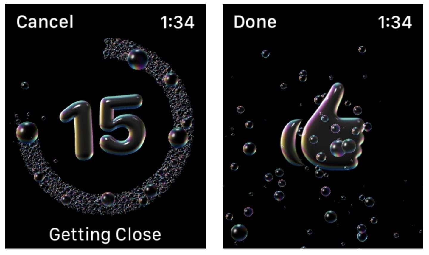 Your Apple Watch counts down the time, then signals that your hands are clean with a chime and a soapy thumbs-up