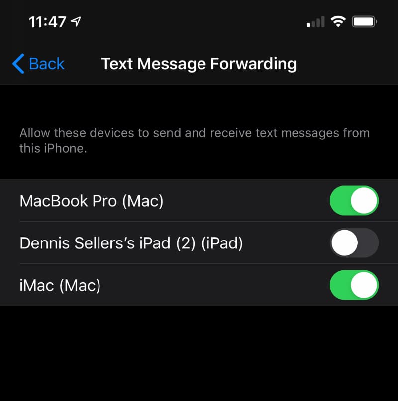 Screenshot of Text Message Forwarding setting on an iPhone