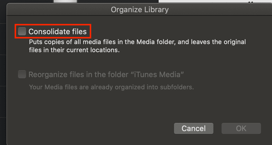 Organize library popup window in Mac music app