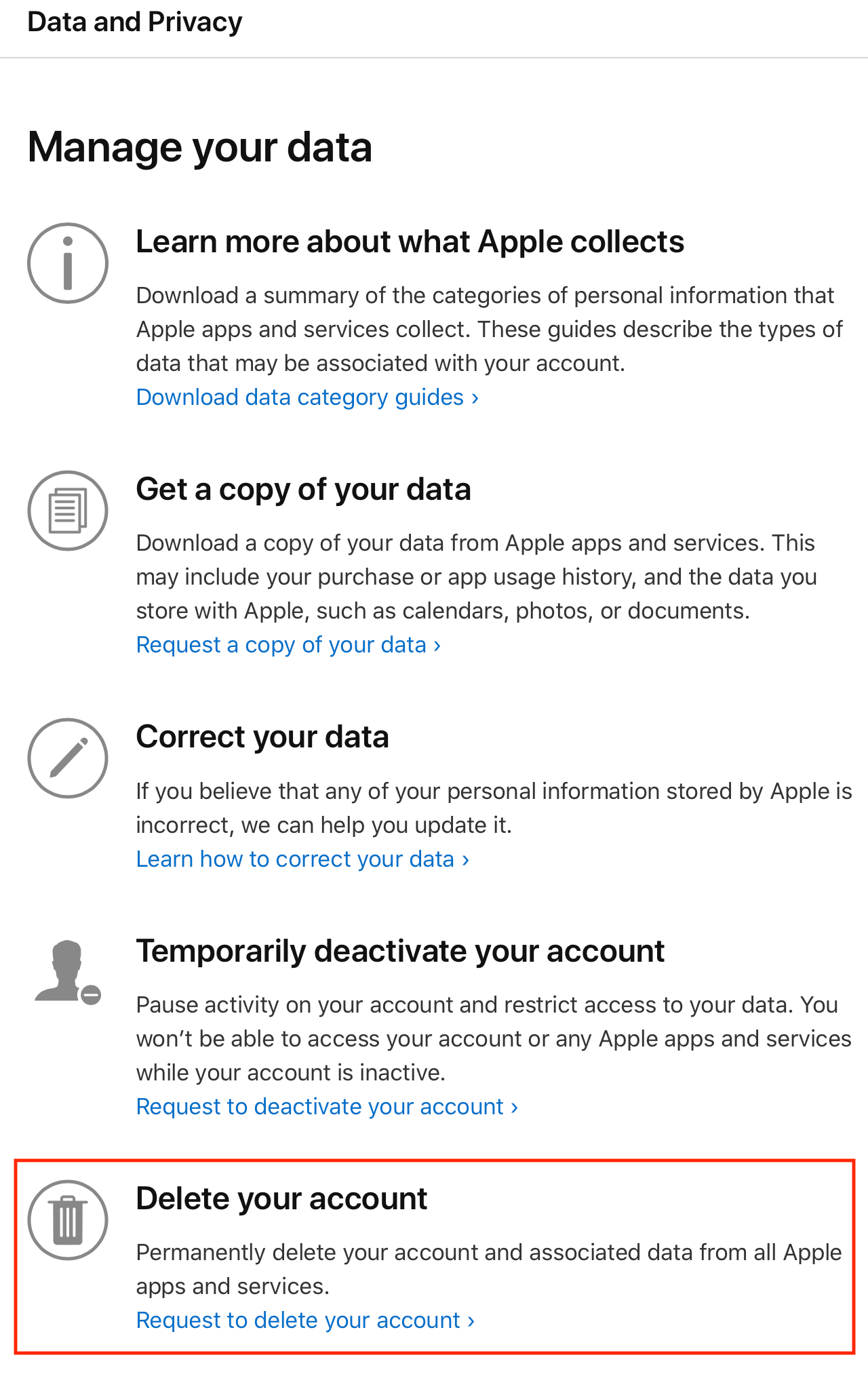 Apple's data and privacy options