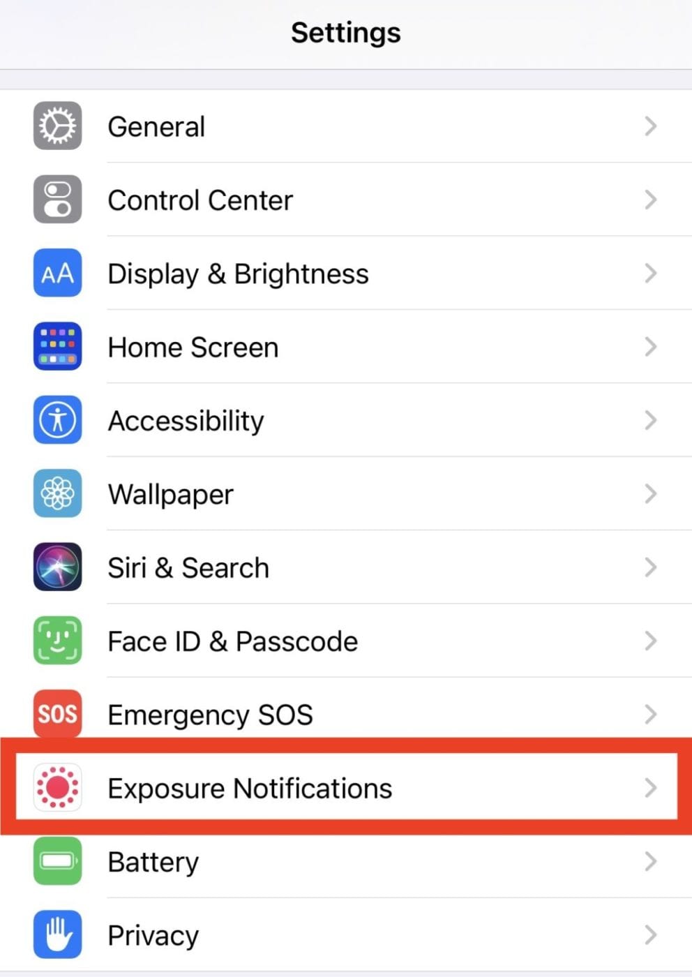 Exposure Notifications button in the iOS Settings