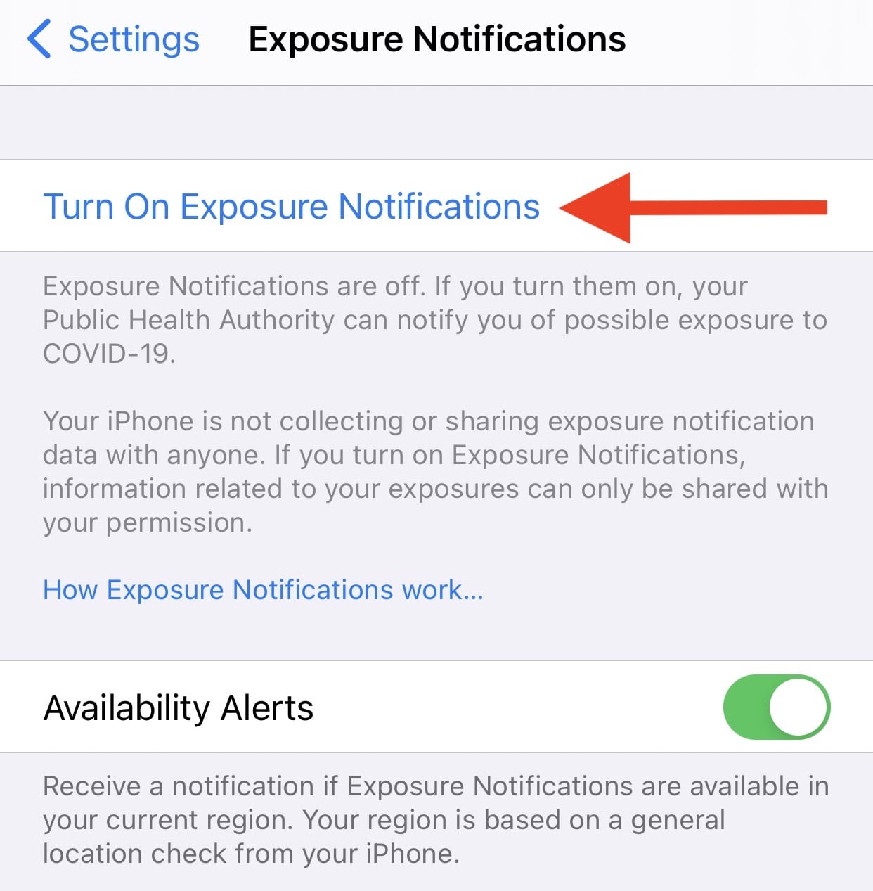 Turning on Exposure Notifications or Availability Alerts
