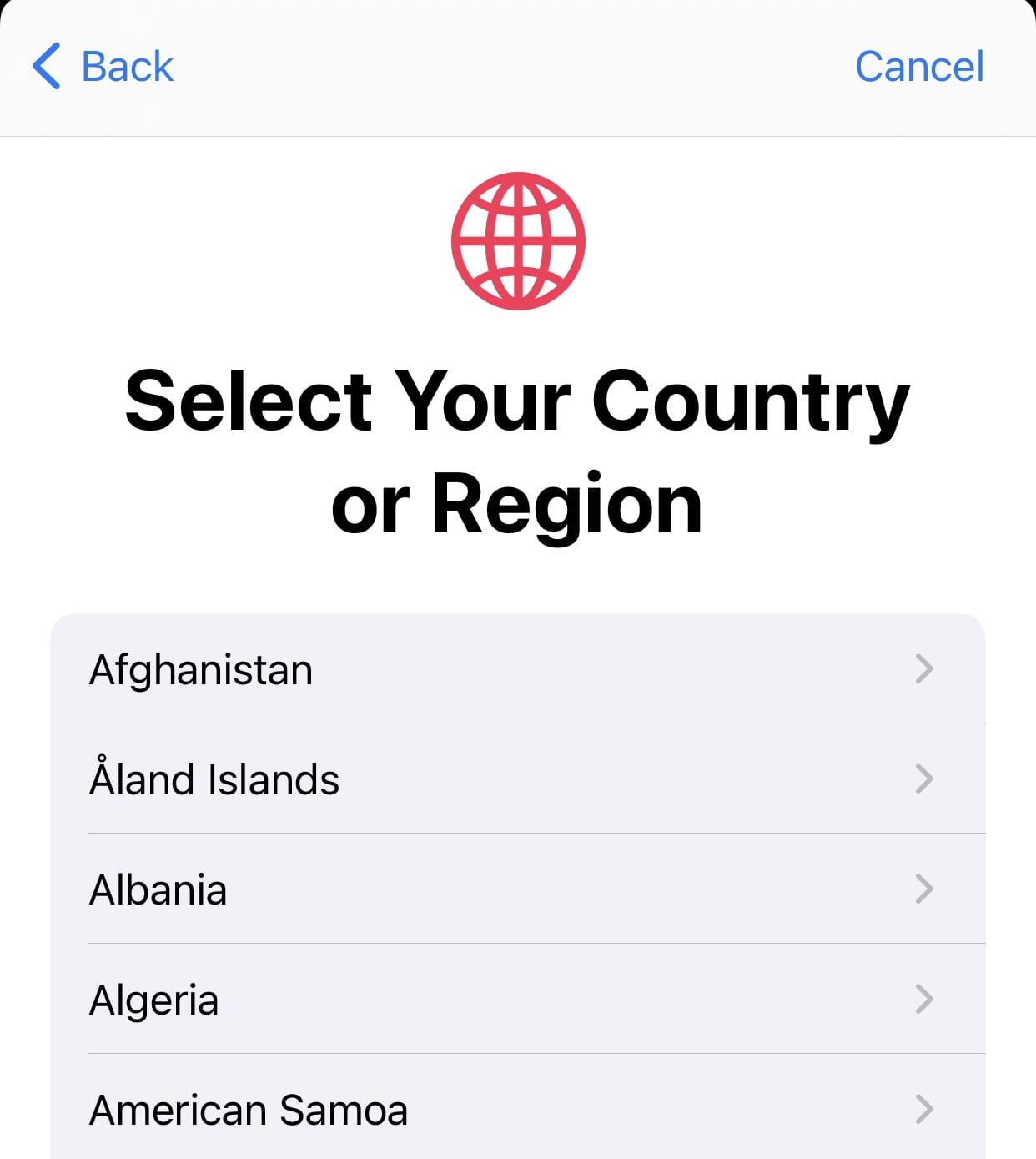 Select your country for contact tracing