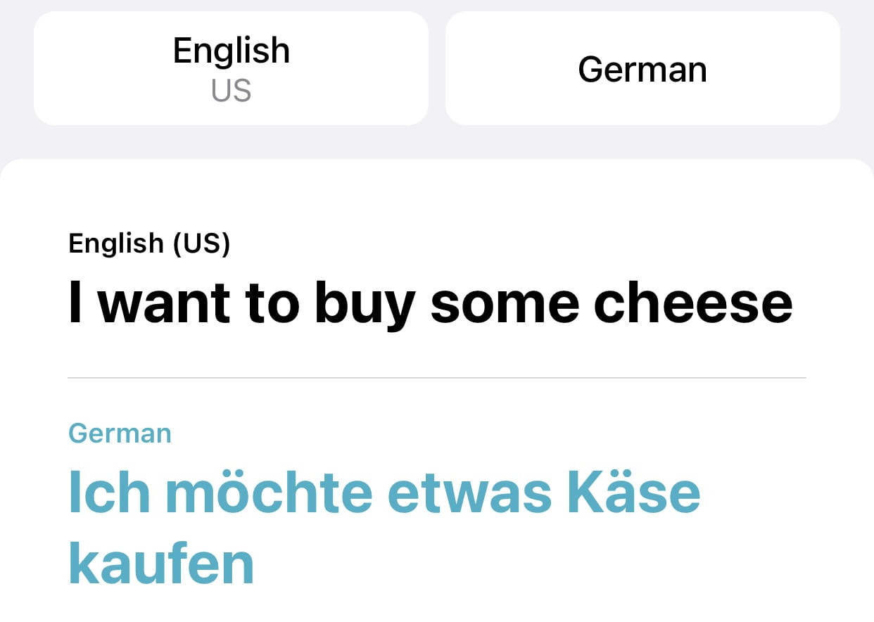 The spoken English phrase and German translation are both displayed