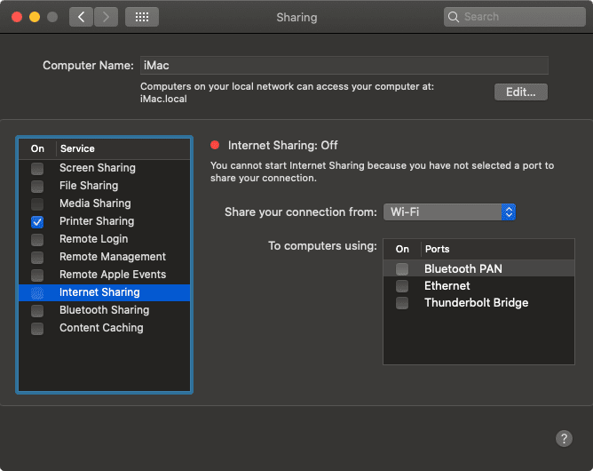 Internet sharing preferences