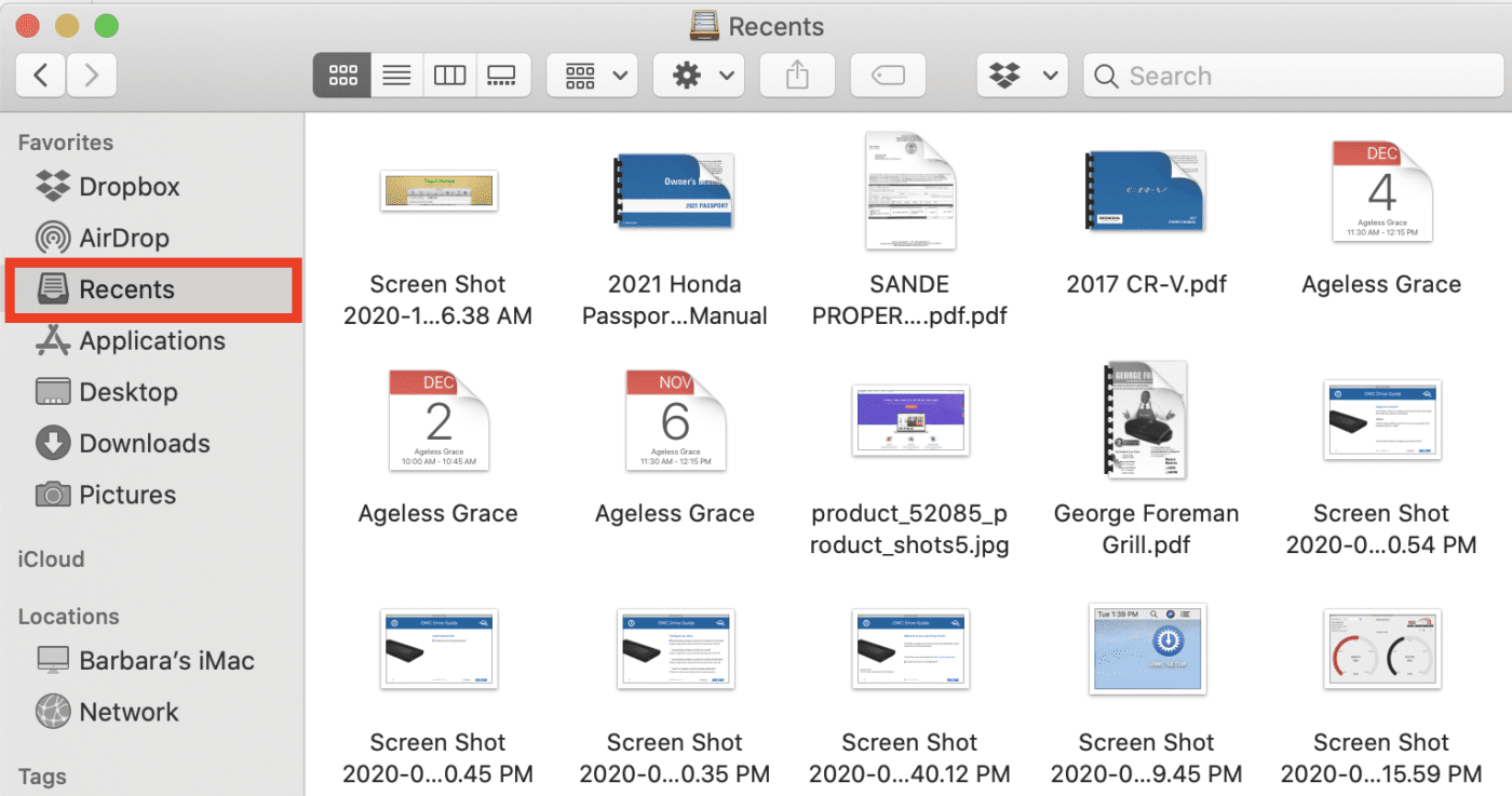 The Recents folder is accessible from under Favorites in the Finder Sidebar