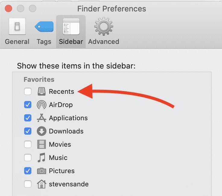 Uncheck the "Recents" item under favorites in Finder Preferences > Sidebar to hide Recents