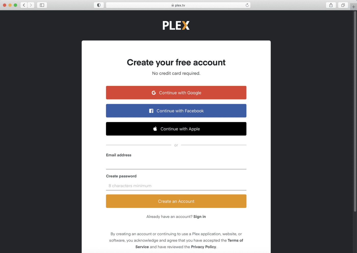 No Plex account? You can sign in with Apple, Facebook or Google, or create an account with your email