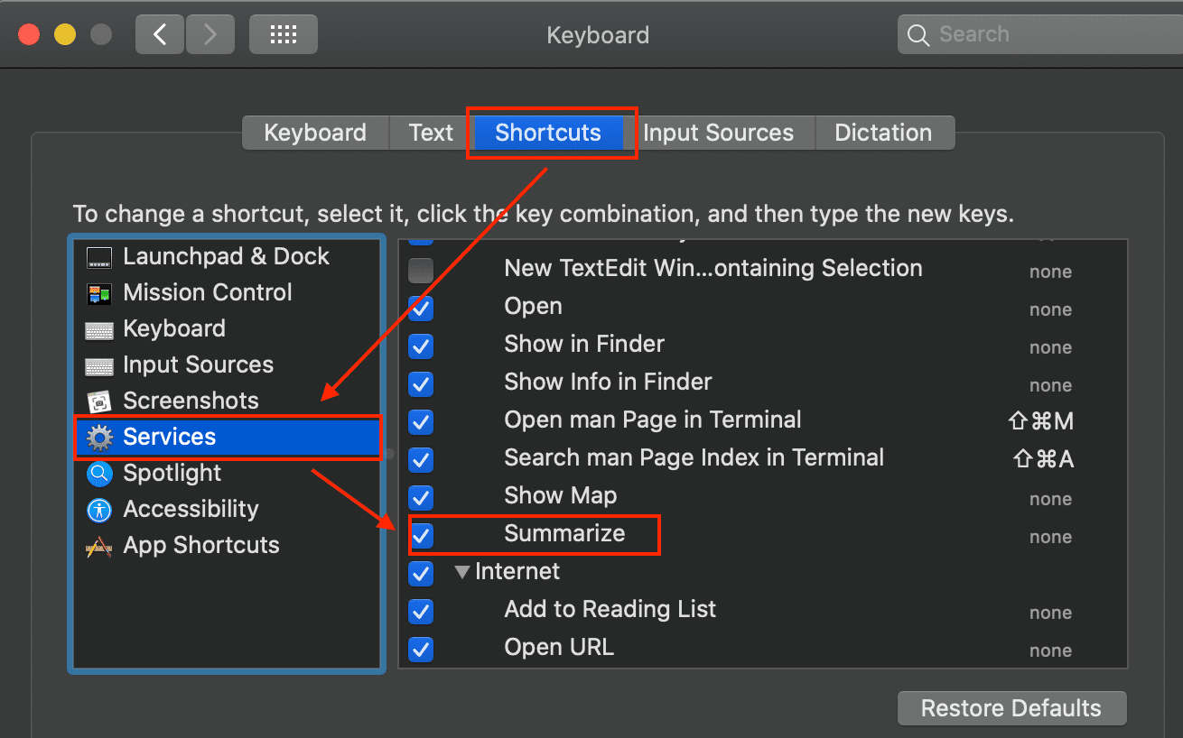 enable summarize in keyboard shortcut services
