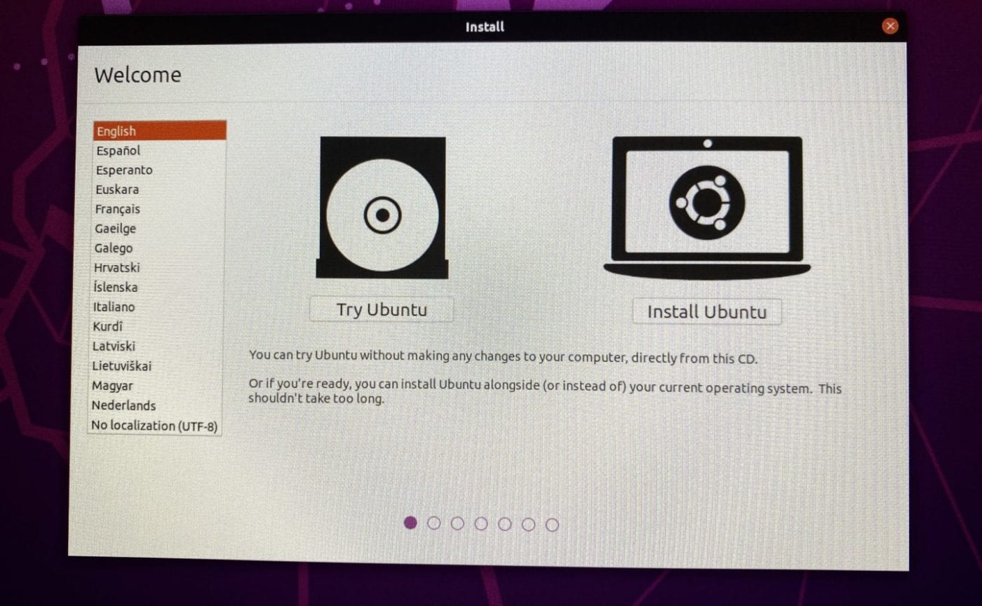 The Welcome Screen: Select your language of choice, then click Install Ubuntu on our Linux Server