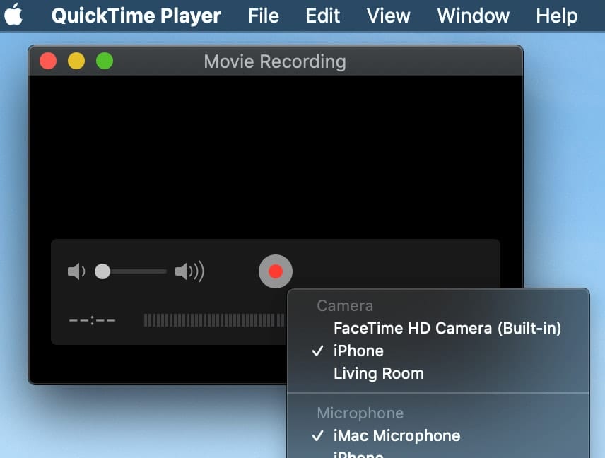 The QuickTime menu options for selecting camera and microphone