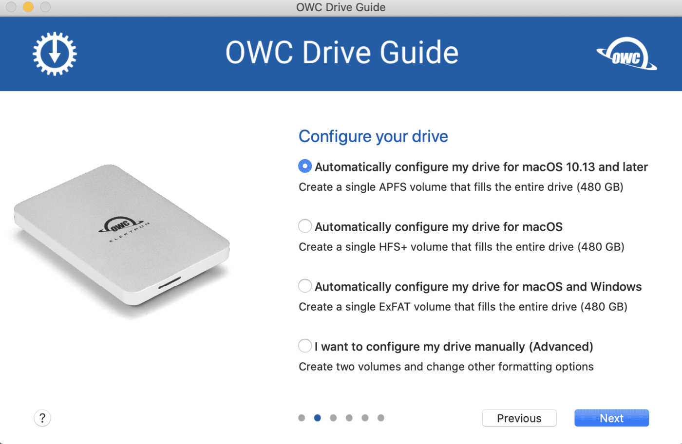 The OWC Drive Guide app is preinstalled on the Envoy Pro Elektron and makes setup of the drive a snap.