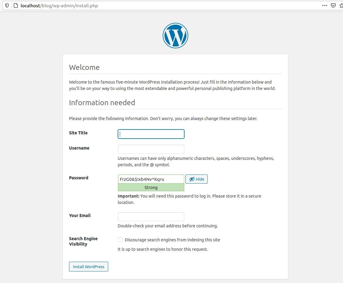 The WordPress installation dialog