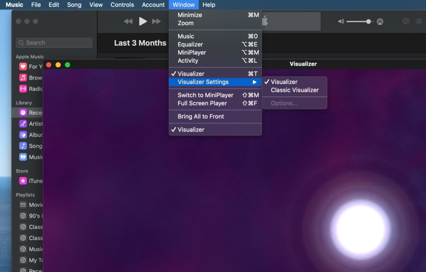 Choosing Classic Visualizer in the Mac Music App