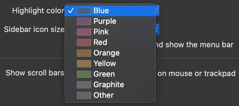 macOS Big Sur Highlight color chooser