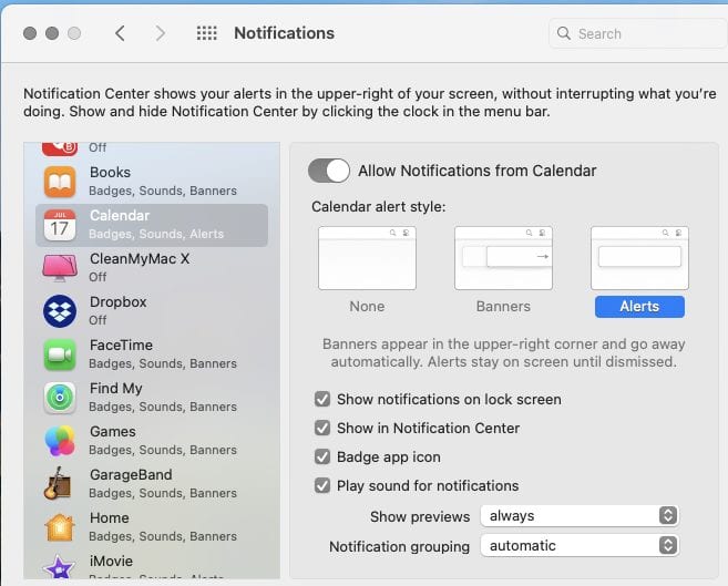 macOS Big Sur Notification Center System Preferences