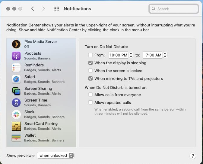The "Do Not Disturb" option for macOS Big Sur's Notification Center