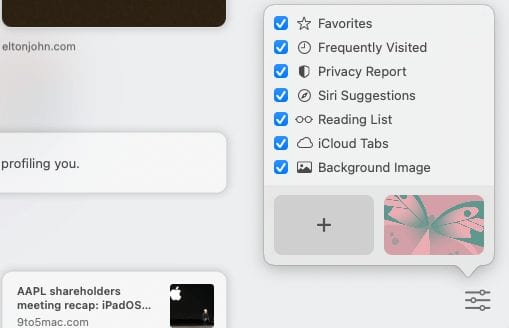 Customise start page in safari favorites