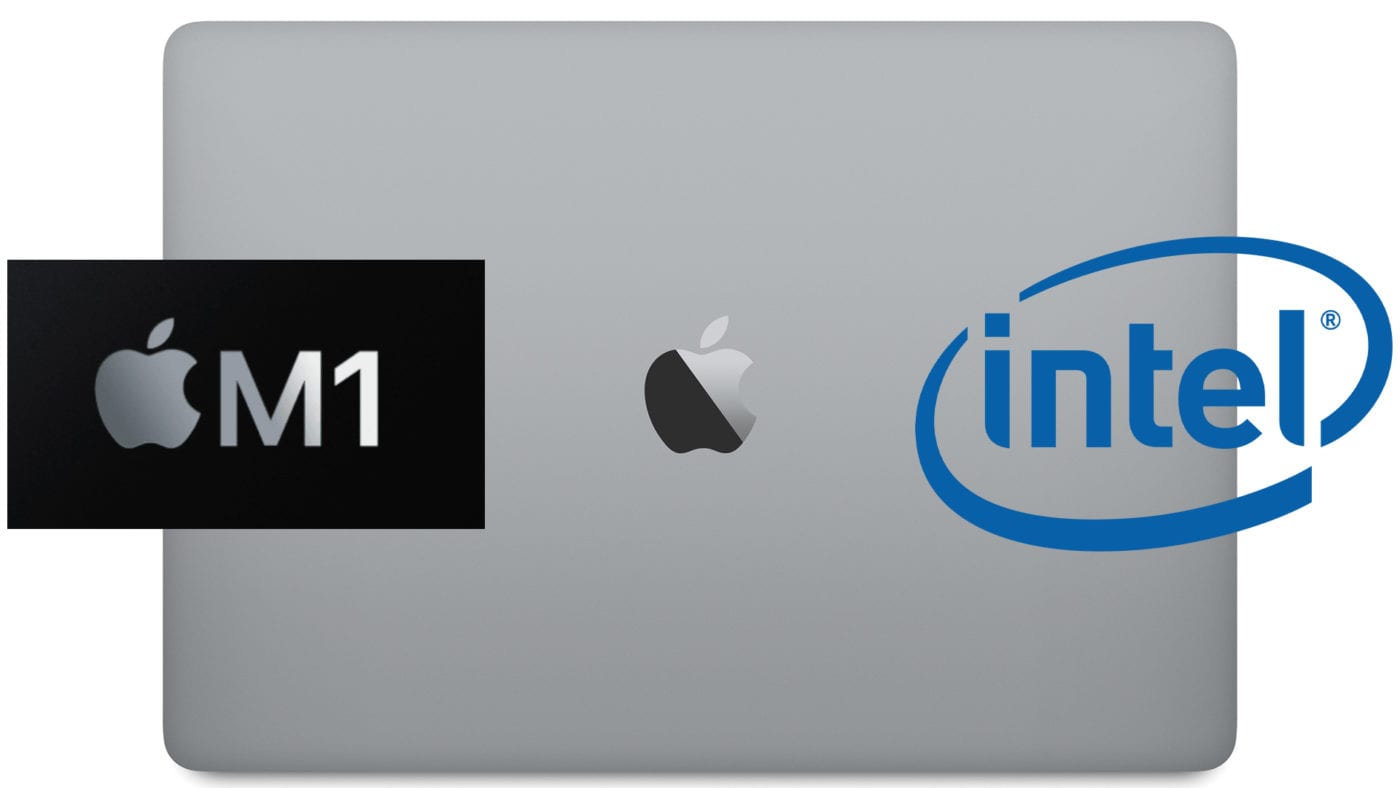 macbook pro with apple m1 logo and intel logo