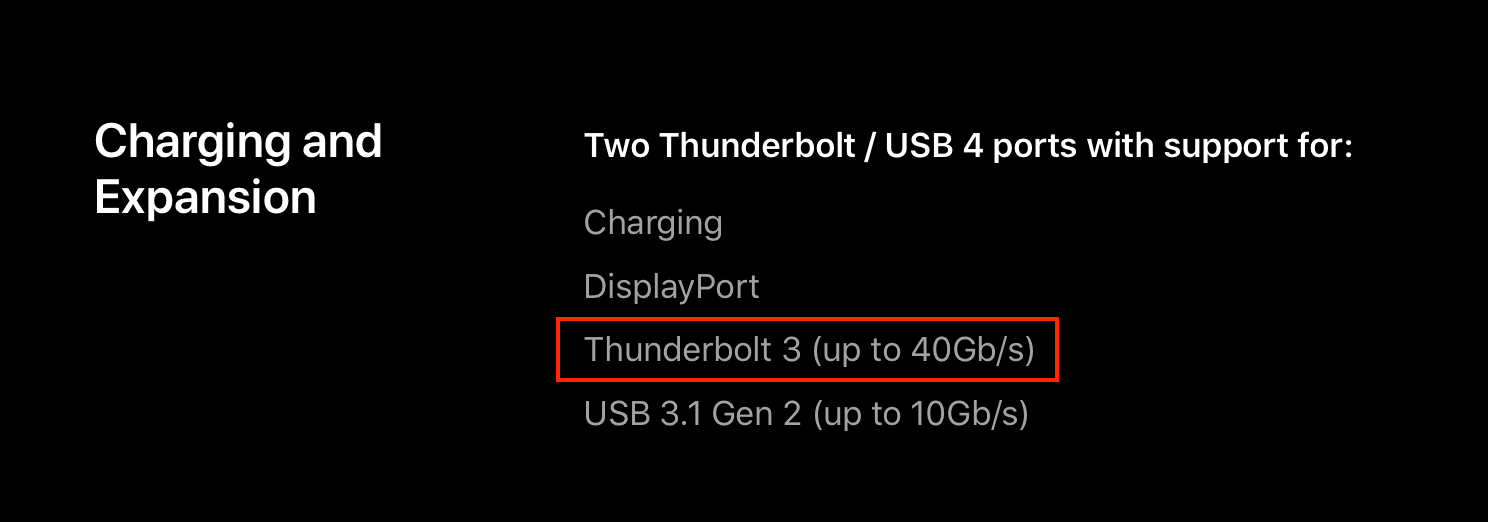 A screenshot of the specs from the M1 powered 13" MackBook Pro showing Thunderbolt / USB 4