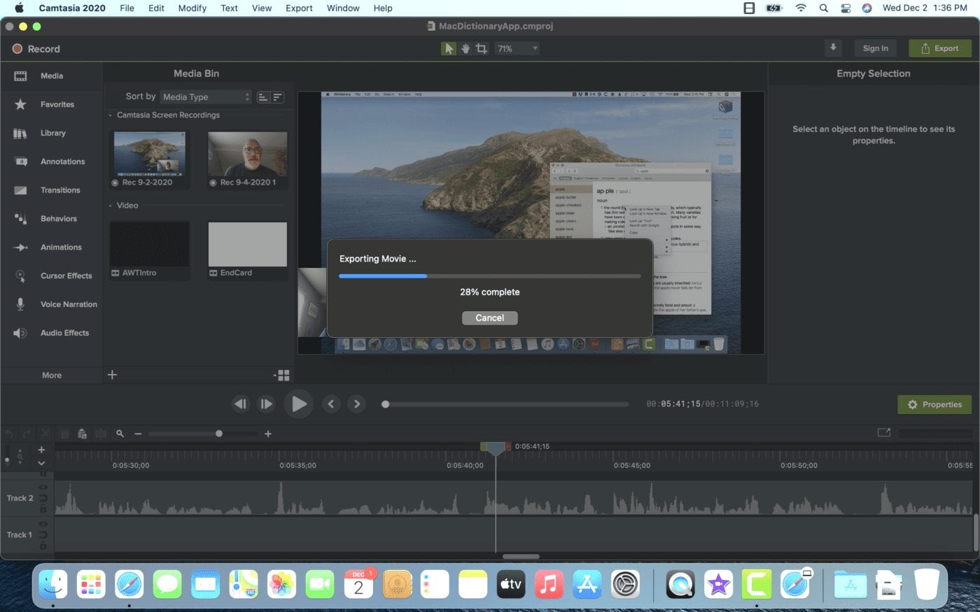 Camtasia 2020 – not a Universal app – was used to render a large video on both the M1 MacBook Air and a fast Intel MacBook Pro