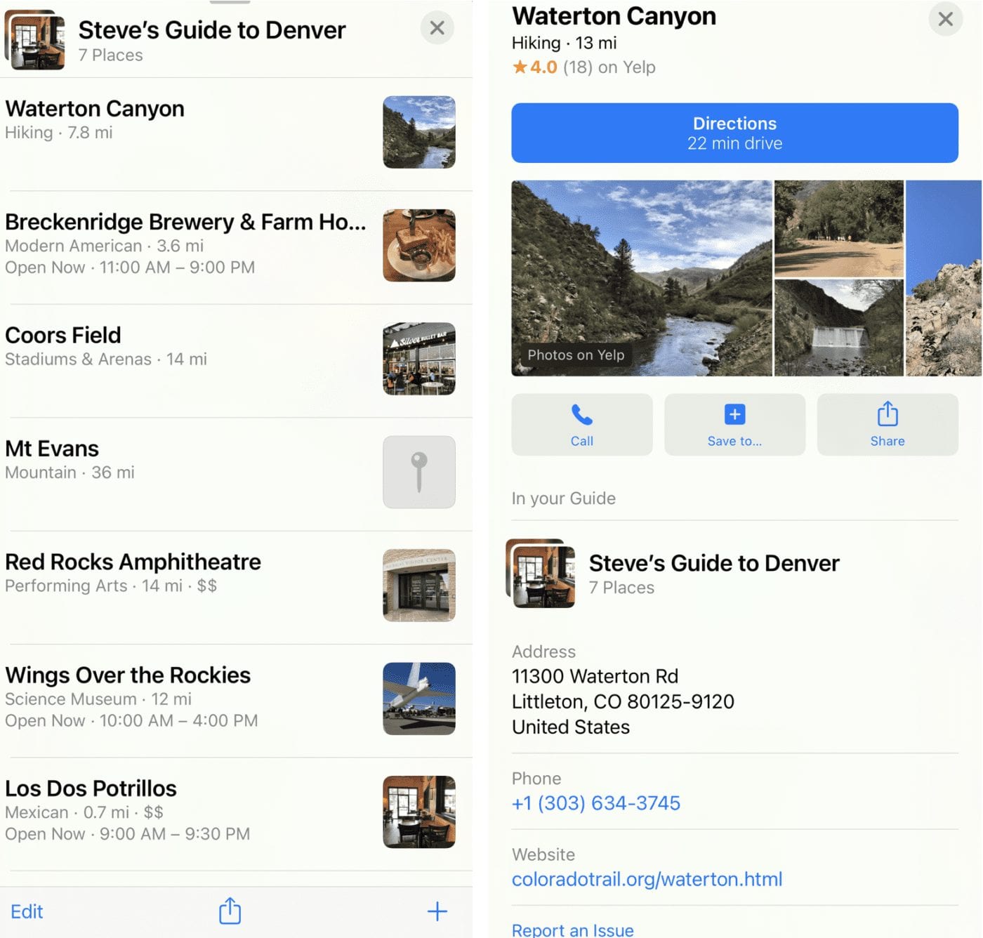 The completed Guide at left, with a single location listing at right