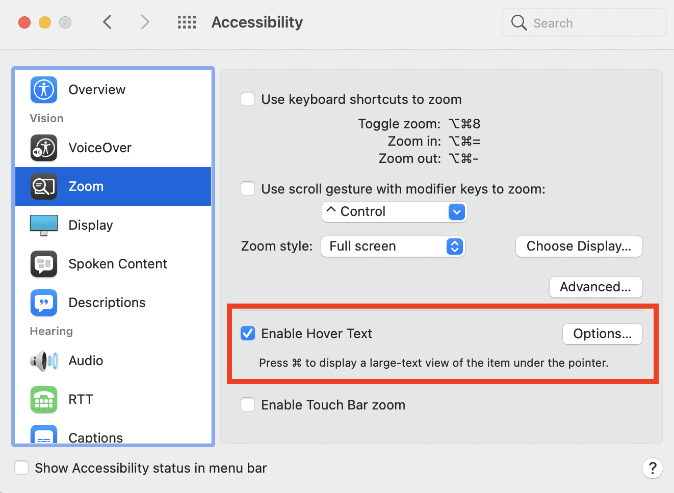 Hover Text is found in System Preferences > Accessibility > Zoom