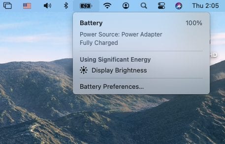 Battery options menu in macos big sur