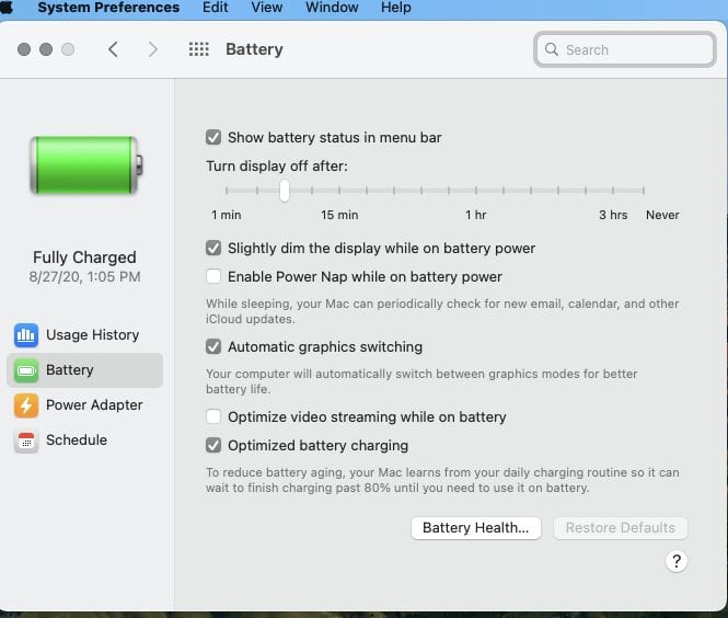 battery system preferences in macos big sur