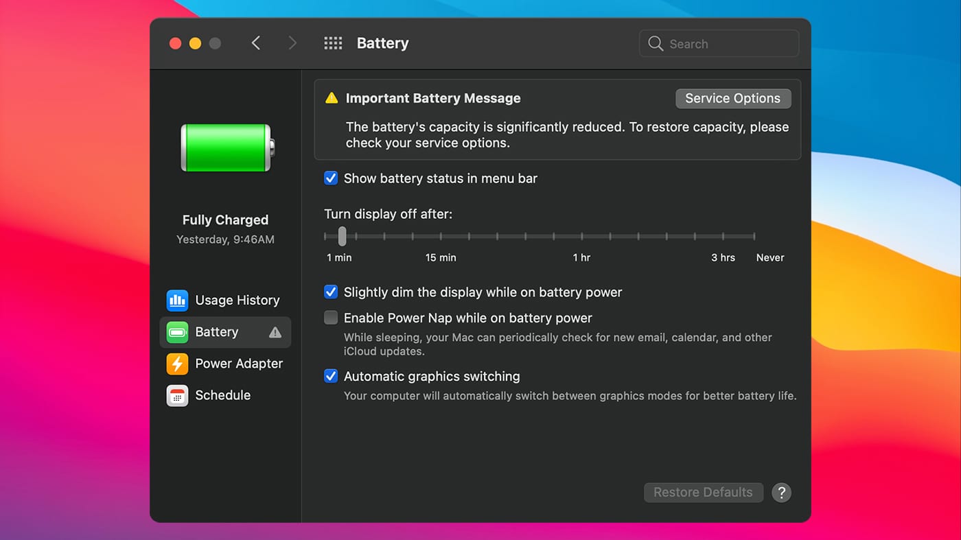 macOS Big Sur battery preferences window over colored background