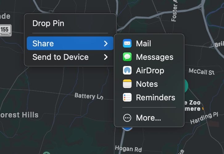 screenshot of sharing popup window on Apple Mac Maps
