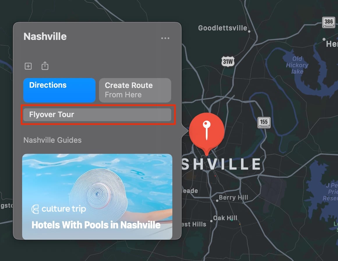 screenshot of flyover tour popup window on Apple Mac Maps