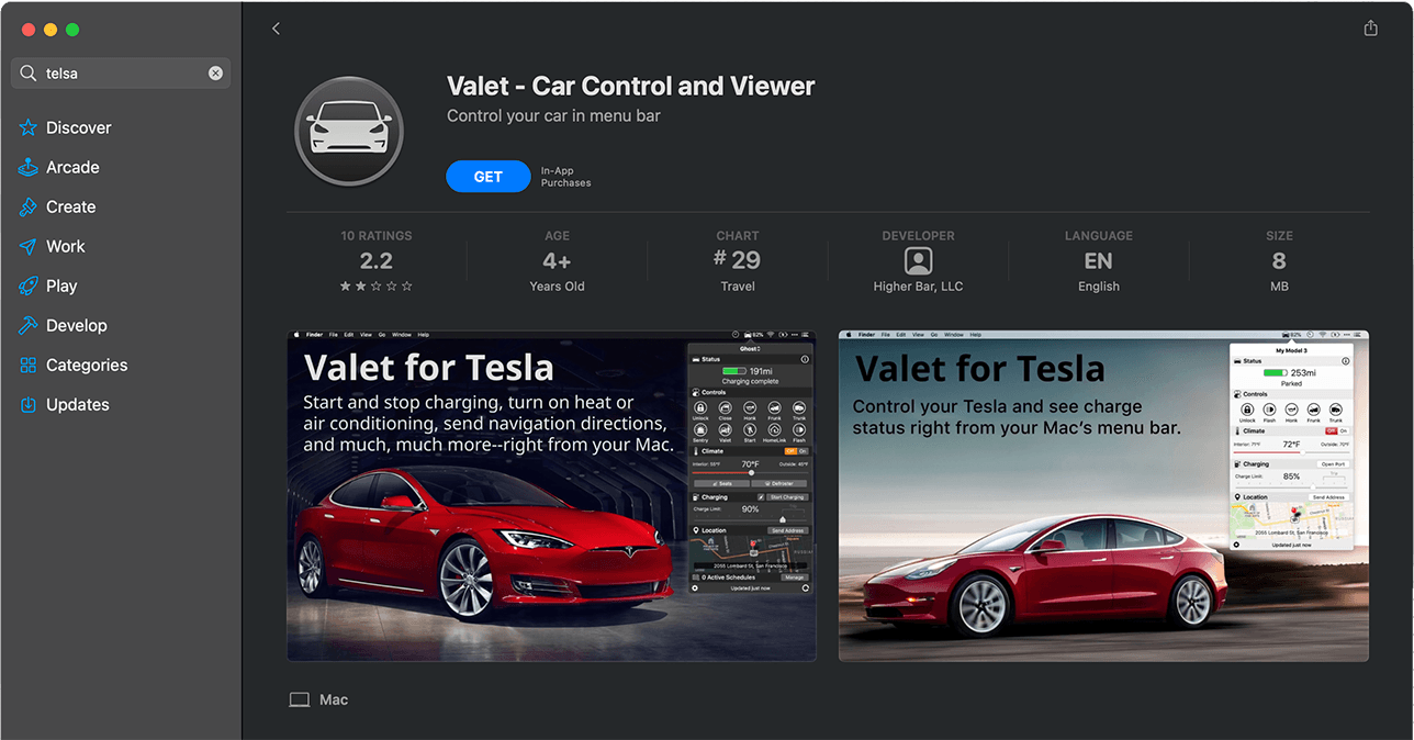 screenshot of tesla valet app in Apple Mac App Store