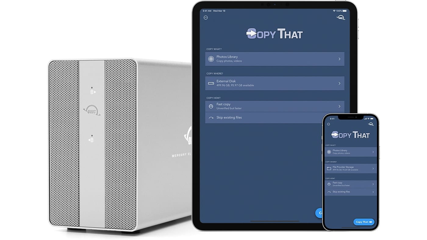 An OWC Mercury Elite external drive with an iPad and iPhone showing the Copy That app