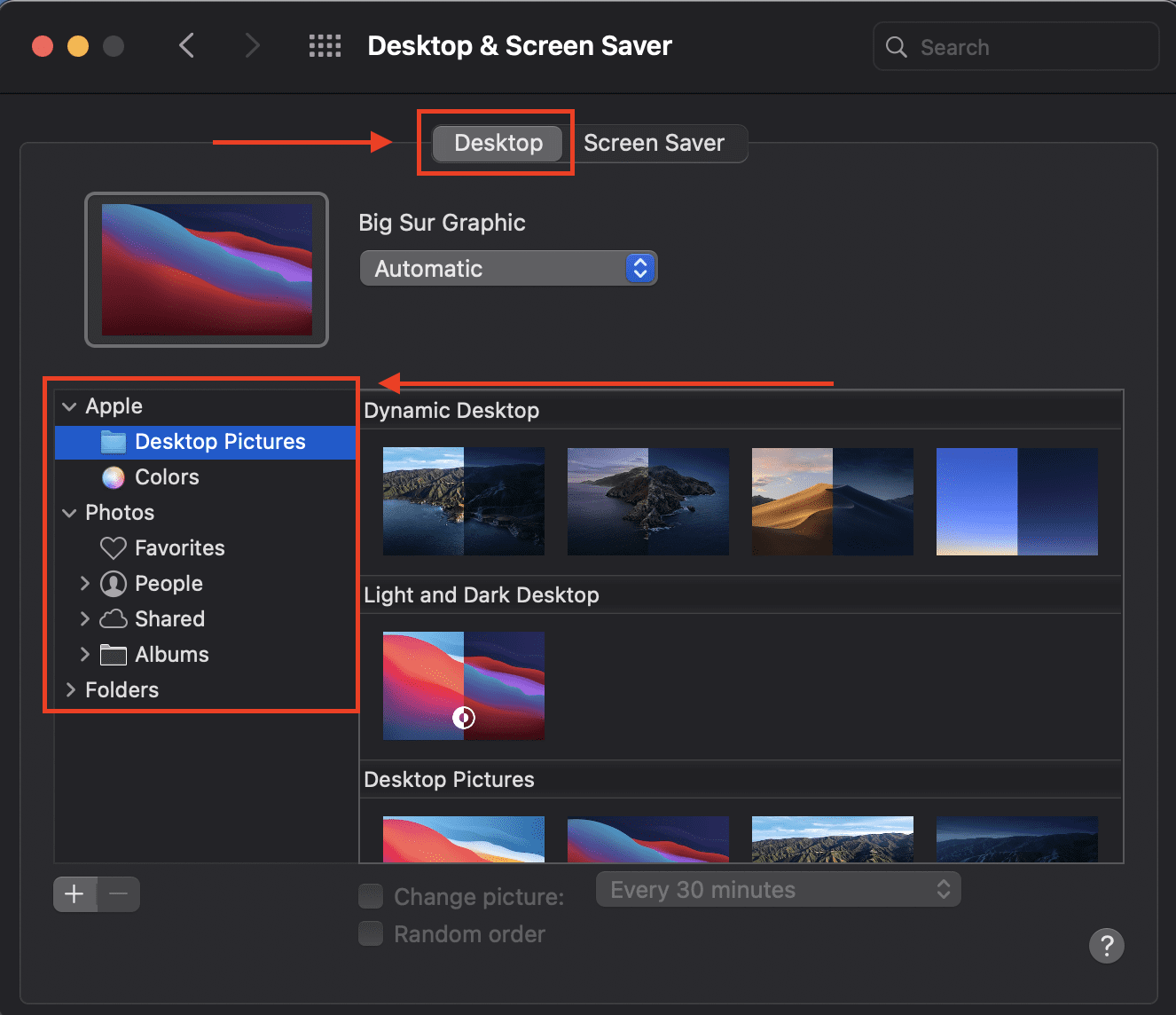 screenshot of desktop and screensaver preferences in macos big sur