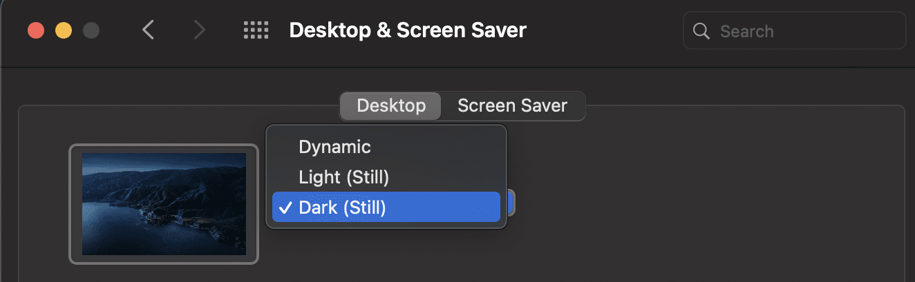 screenshot of dynamic, light and dark menu preferences in macos big sur