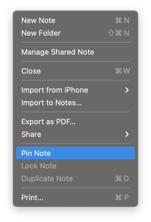 File menu dropdown menu is macOS Notes