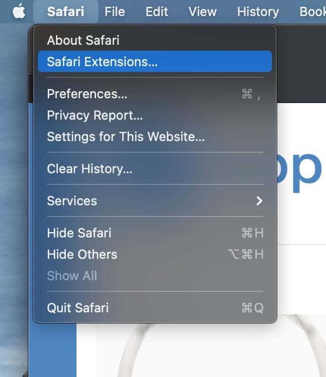 safari extensions dropdown menu