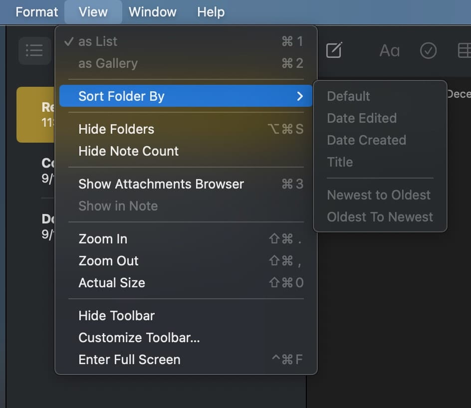 mac Notes app view menu drop down