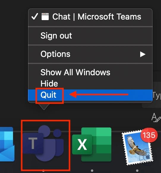 Right-click to quit Microsoft Teams